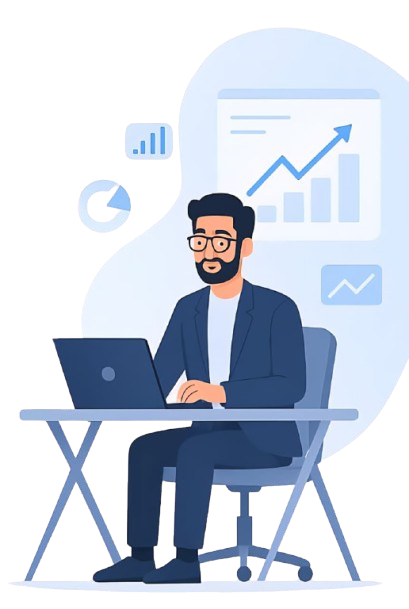 A cartoon illustration of Pranav, a smiling man with glasses and a beard, wearing a dark blue suit jacket and pants, working on a laptop at a light blue desk. He is seated in a dark blue office chair. In the background, light blue graphical elements depict charts, graphs with an upward trend, and a pie chart, symbolizing data analysis and growth, typical for Pranav Digital Marketing Freelancer in Bangalore reviewing campaign performance.
