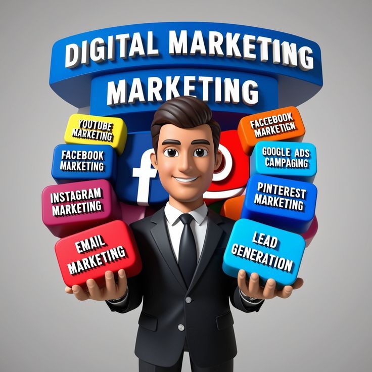 A 3D cartoon-style illustration of a man in a black suit smiling and holding up his hands, which display various digital marketing services on colorful blocks. The services listed include "YouTube Marketing," "Facebook Marketing," "Instagram Marketing," "Email Marketing," "Lead Generation," "Pinterest Marketing," "Google Ads Campaigning," and "Facebook Marketing." Behind him are large social media icons and a blue banner with the text "DIGITAL MARKETING MARKETING."