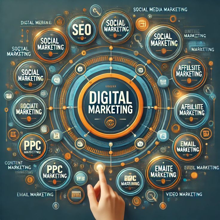 Colorful digital marketing diagram with elements like SEO, PPC, email, and social marketing, representing the services offered by a social media optimization agency.”