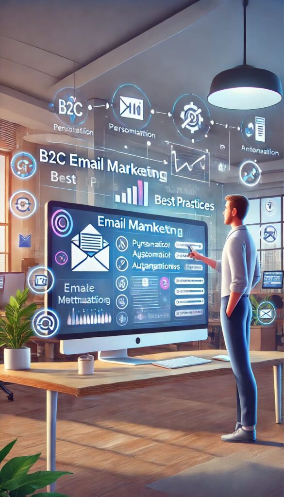 A futuristic illustration of a man analyzing 'B2C Email Marketing Best Practices' on a large interactive screen, with holographic icons for personalization and automation floating in the office, showcasing the advanced strategies offered by email marketing companies in Bangalore