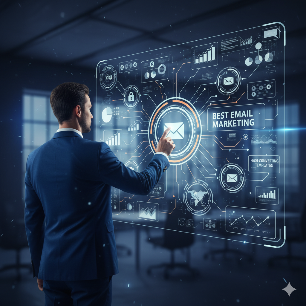 A cartoon illustration of a smiling man with glasses and a beard, wearing a blue suit and working on a laptop at a desk. In the background, light blue graphics show a pie chart and a rising bar chart, symbolizing the growth and analytics managed by email marketing companies in Bangalore.