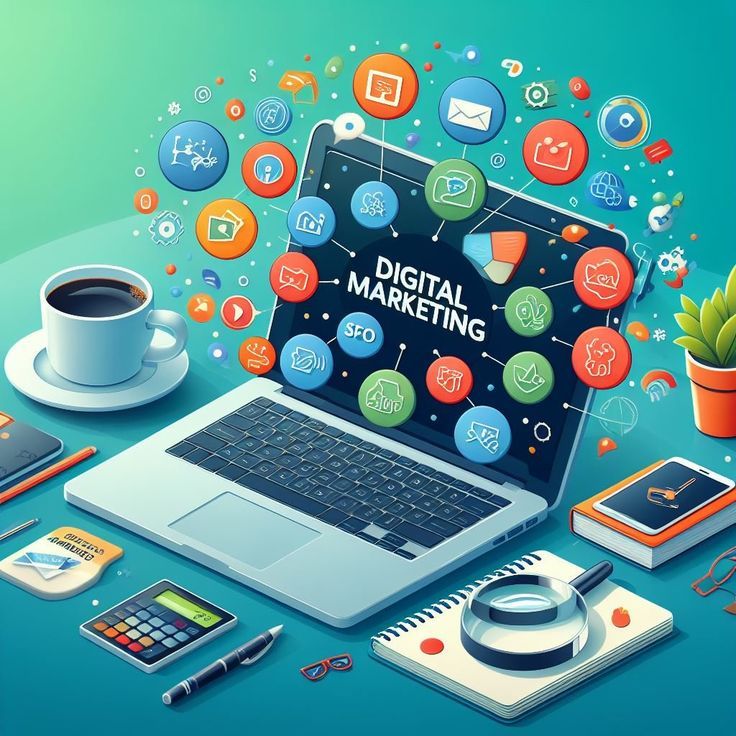 "An illustration of a laptop with 'DIGITAL MARKETING' on the screen, surrounded by icons for SEO, social media, and email, representing the services of a Digital Marketing Freelancer in Bangalore."