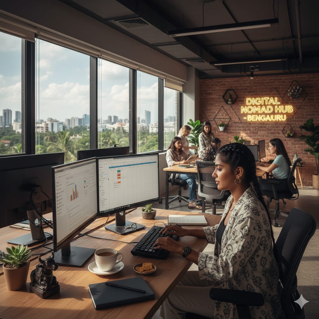 This image shows a woman working on a multi-monitor computer inside the a busy, modern co-working space with a view of the city.(who is a Digital marketing freelancer in bangalore)